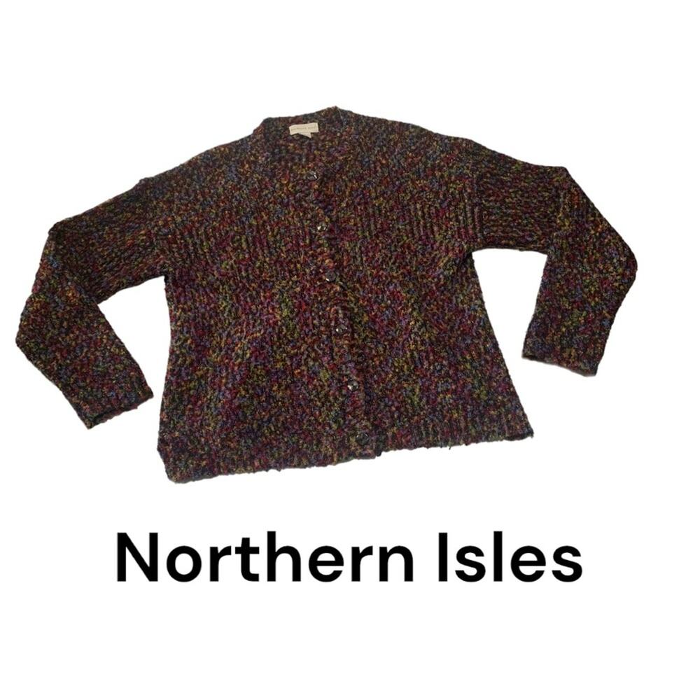 Northern Isles womens large multicolor sweater puffy cute unigue rainbow cardiga